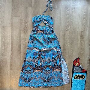 Topshop Boho Blue Paisley Halter Maxi Dress with Brown Accents